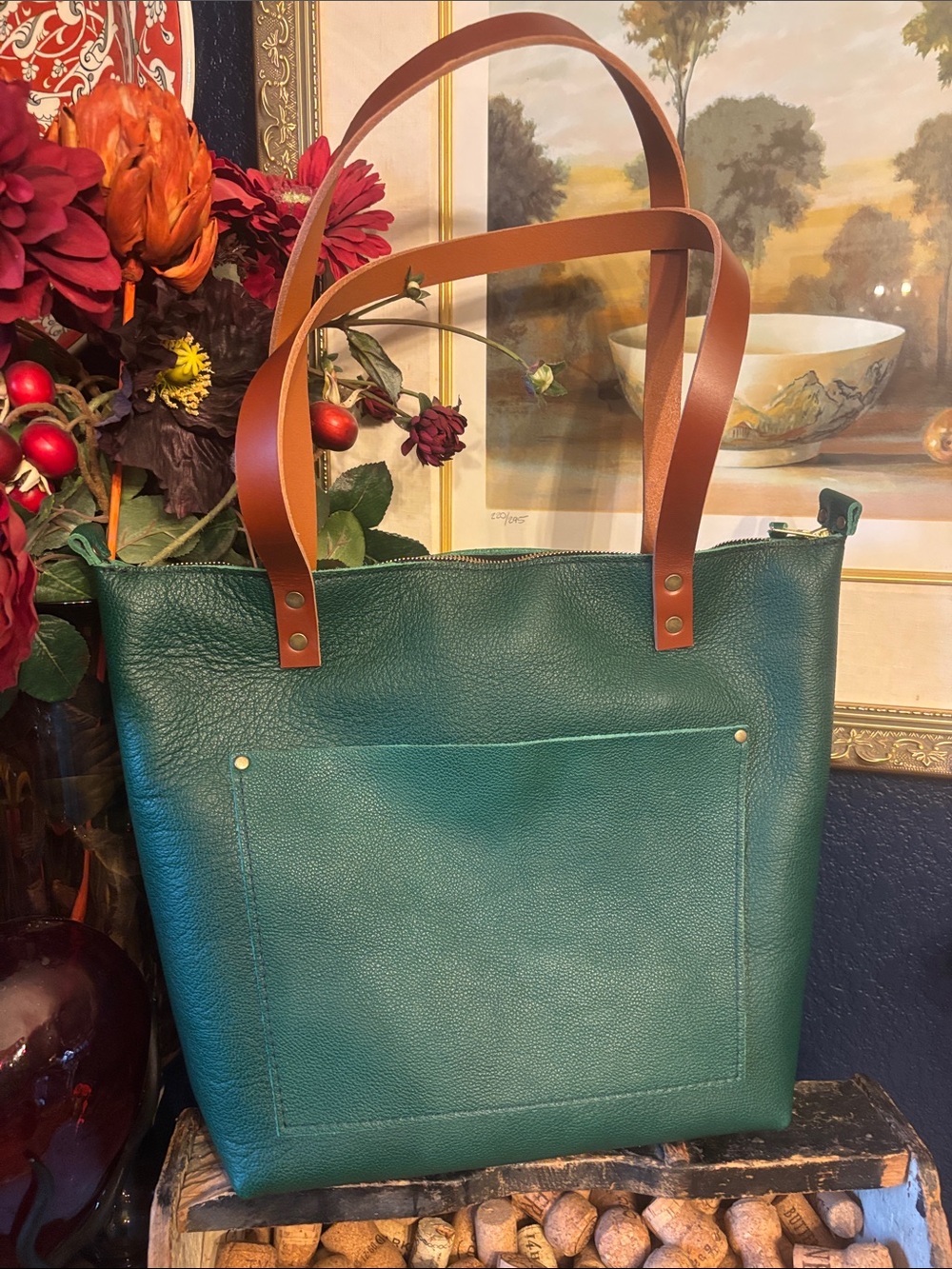 Portland, Leather Company Green Tote with brown Shoulder Straps